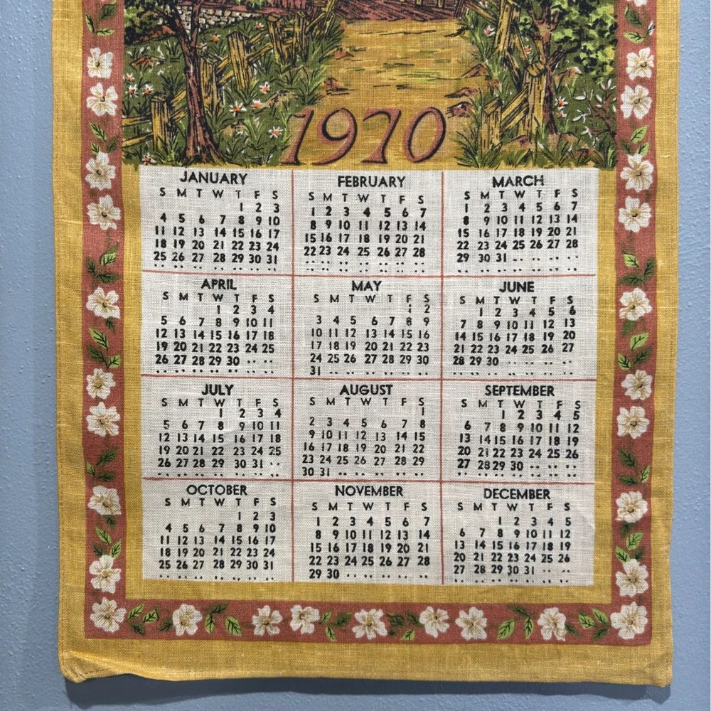 Vintage 1970 Linen Calendar Tea Towel Covered Bridge Floral Wall Hanging 16x28